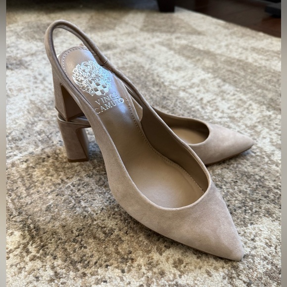 Vince Camuto Taupe Suede Slingback Block Heel Pumps - Picture 8 of 9